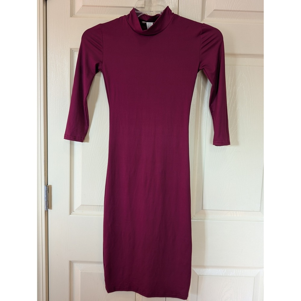 Capella Mock Neck Bodycon Midi Dress Bright Plum Berry Small 3/4 Sleeve